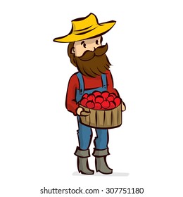 A farmer with a beard and mustache harvests of apples. Hand drawn cartoon vector illustration. Isolated on white