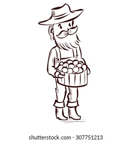 A farmer with a beard and mustache harvests of apples. Hand drawn cartoon vector illustration. Isolated on white