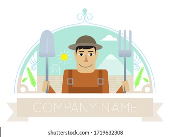 Farmer Beardless Man Flat Style Digital Illustration. Vectoral Brand Logo Template. For Companies.