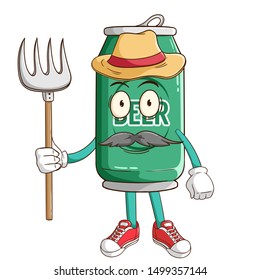 A farmer of beer can cartoon character holding a pitchfork with funny face