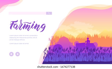 The farmer behind the tractor engaged in agricultural production.  Farm everyday life on the background of the countryside. Vector illustration design concept.