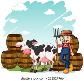 Farmer beside the cow with barrels at the back on a white background