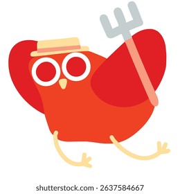 Farmer bird with red feathers holding pitchfork and wearing straw hat with red band. Cartoon animal mascot for produce labelling, organic foods, and environmental awareness. Vector, EPS 10.
