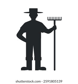 Farmer black silhouette icon with rake. Farming and gardening concept. Farm worker.