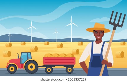 Farmer Black woman character with pitchfork near hayloft prepares hay in autumn. Tractor with hay bales in cart. Agricultural machinery. Vector Illustration