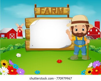 farmer with a blank wooden sign