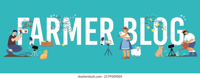 Farmer blog flat text composition with views of gardening people shooting themselves with cameras on tripod vector illustration