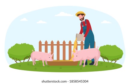 Farmer in blue overall feeding pigs. Male character is making sure animals are safe and fed. Flat vector illustration