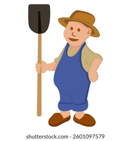 Farmer in blue overalls, brown hat and with a shovel on a white background. Vector illustration.