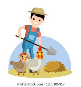 Farmer in blue overalls and hat with a shovel about a haystack. A pair of chicken and cock near the nest. Farm work. Rural Villager.
