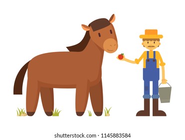Farmer in blue robe and straw hat and farm animal vector illustration isolated on white. Cartoon character feeding brown horse with red apple poster.