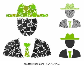Farmer boss mosaic of humpy items in variable sizes and shades, based on farmer boss icon. Vector humpy parts are combined into mosaic. Farmer boss icons collage with dotted pattern.