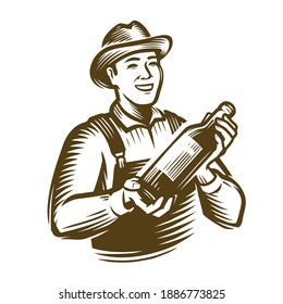 Farmer with a bottle in his hands. Sketch vintage vector illustration