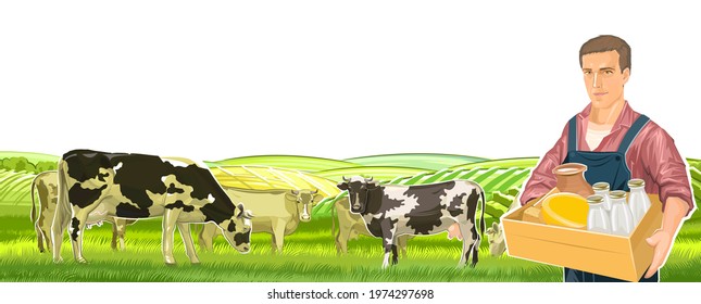Farmer with box of dairy products: milk, cheese, cream. Bottles, jug. Set against backdrop of rural landscape with cows, vegetable gardens and hilly grassy pastures. Flat Isolated illustration. Vector