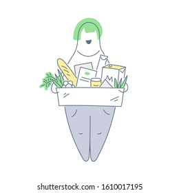 A farmer with a box of fresh healthy vegetables and herbs in his hands. Eco organic natural food. Flat line isolated vector illustration on white.