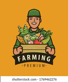 Farmer with box of fresh vegetables. Agriculture, farming vector illustration