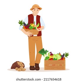 Farmer with box of fresh vegetables. Healthy freshly harvested vegetables in a wooden crate and eco grocery shopping concept banner. Agriculture, farming vector illustration. Man farm worker.