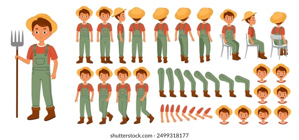 Constructor de muchachos granjeros. Niño feliz en general con rastrillos. Pack de piernas, manos y caras para crear animación. Agricultura y ganadería. Colección plana del Vector aislada en el fondo blanco