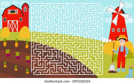 Farmer boy digging with barn and haystack in cartoon style, printable worksheet for kids with labyrinth with windwill and harvest