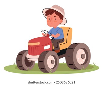 
Farmer boy drive a tractor.Rural agricultural machine worker isolated on white background