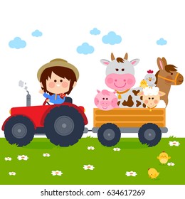 Farmer boy driving a tractor and carrying farm animals. Vector illustration