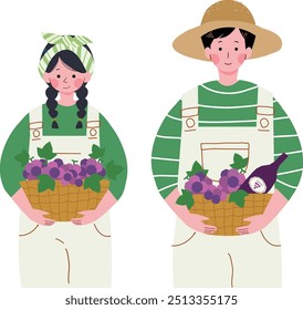 menino agricultor e menina colheita de uvas