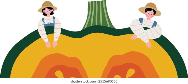 Farmer boy and girl riding a big squash