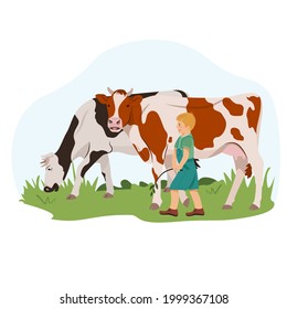 A farmer boy grazes the cows. Happy guy walks on a green lawn with cows. Cute vector illustration in flat style