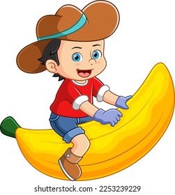 A farmer boy happily playing and sitting on a large banana of illustration