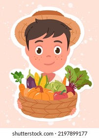 Farmer boy holding basket with harvest vegetables. Child person with wicker basket full of fresh eggplant, corn, carrot veggies farm food. Agriculture, farming concept flat vector illustration