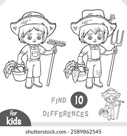 Farmer boy with rake and bucket. Find differences, educational game for children. Black and white activity worksheet