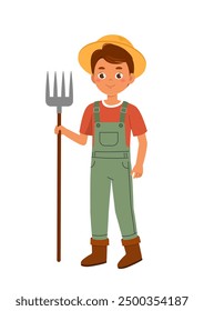 Farmer boy with rake. Young guy in overall with farming equipment. Farming and agriculture. Little helper and assistant at farm. Flat vector illustration isolated on white background