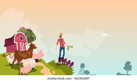 Farmer Breeding Animals Farmland Background Flat Vector Illustration