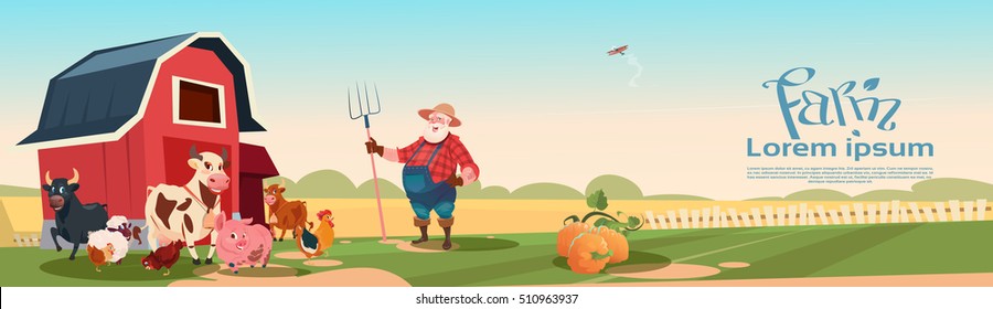 Farmer Breeding Animals Farmland Background Flat Vector Illustration