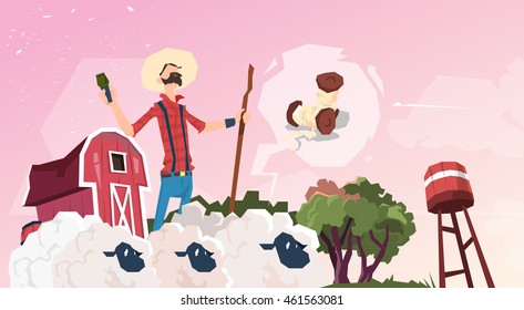 Farmer Breeding Sheep Wool Farm Flat Vector Illustration