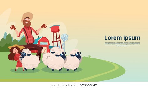 Farmer Breeding Sheep Wool Farm Flat Vector Illustration