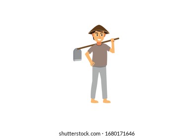 Farmer Bring A Hoe Professional Vector Illustration