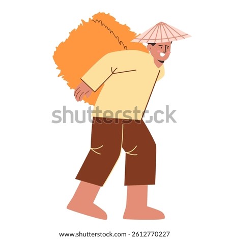 Farmer bring pile of hay straw paddy rice farming harvesting peasant with hat working flat illustration cartoon