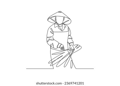 Farmer bring rice yield. Farmer activity minimalist concept. black and white design by vector illustrator. Simple line. Flat cartoon vector illustration.