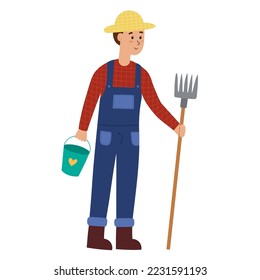 Farmer with a bucket and a spading fork isolated element. Farm man in flat style in a hat with instrument. Vector illustration 