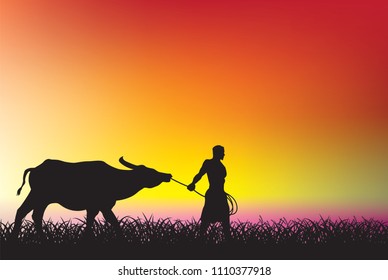 farmer and buffalo silhouette colorful orange yellow background