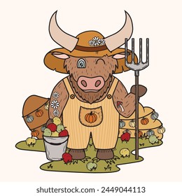 Farmer bull, autumn landscape, apples, pumpkins, hat with flowers, vector art