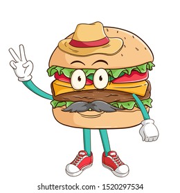 A farmer of burger cartoon character with peace hand sign and funny smile face