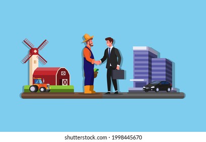 Farmer and Businessman shaking hand betweeen farm and office building agreement contract partnership illustration vector