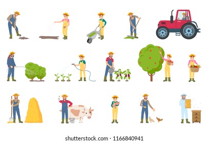 Farmer busy with seasonal work isolated icons vector. Spraying of bushes, cultivation and fertilizing soil. Harvesting breeding of cows, pigs chickens