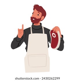 Farmer or Butcher in Apron, Proudly Displays A Piece Of Fresh, High-quality Meat, Showcasing Its Vibrant Color And Texture, Testament To A Direct Farm-to-table Approach. Cartoon Vector Illustration