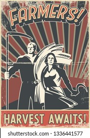 Farmer Call for Harvest Poster Retro Propaganda Style