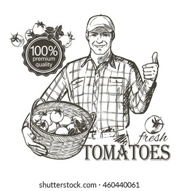 Farmer in cap carrying a basket full of fresh vegetables tomatoes and herbs