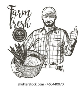 Farmer in cap carrying a basket full of fresh vegetables and herbs