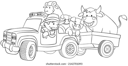 Automóviles de granjeros y animales de granja. Elemento para colorear página. Estilo de caricatura.